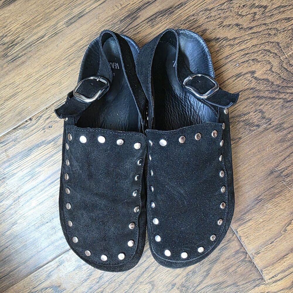 Zara Size 41 Black Suede Studded Clogs Mules Boston Closed Toe - Picture 7 of 9